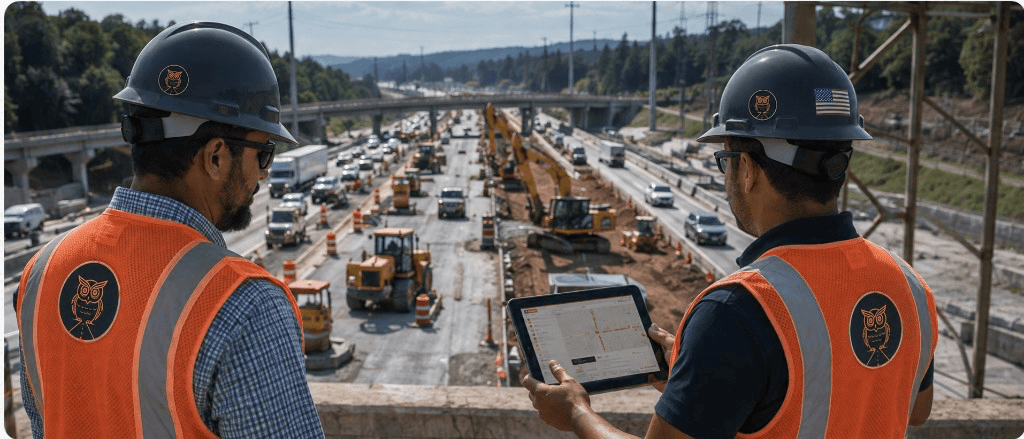 Two Waylert field supervisors in orange owl-logo vests overlooking an active highway work zone with a tablet