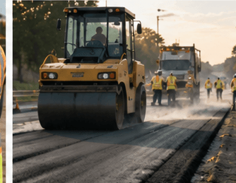 Road roller paving equipment and crew working on a highway resurfacing operation